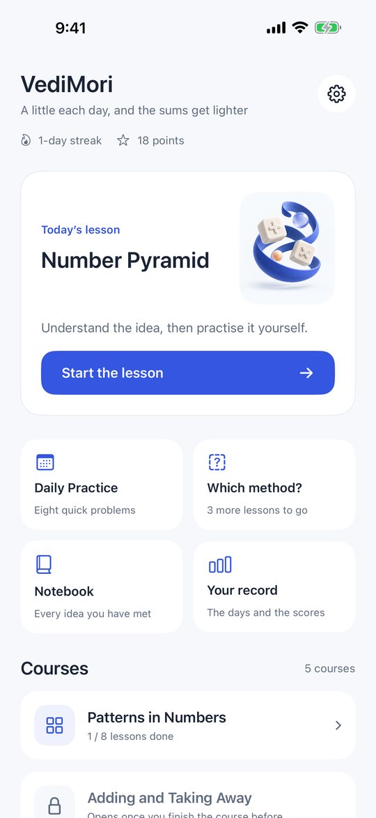 VediMori home screen with today's lesson and the courses