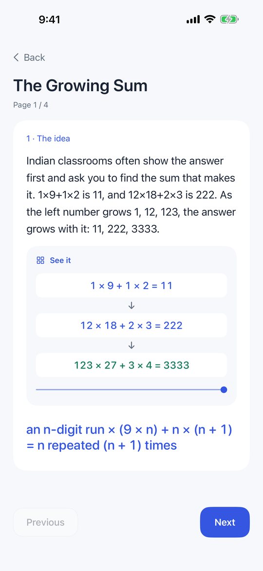 Lesson page showing the growing sum diagram
