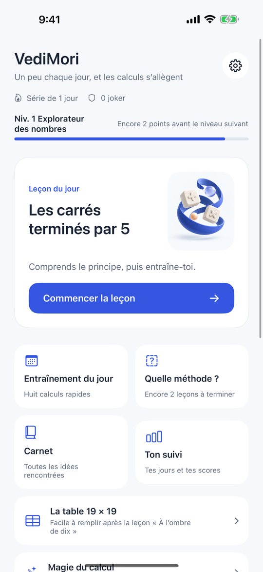 Écran d’accueil de VediMori avec la leçon du jour et les parcours
