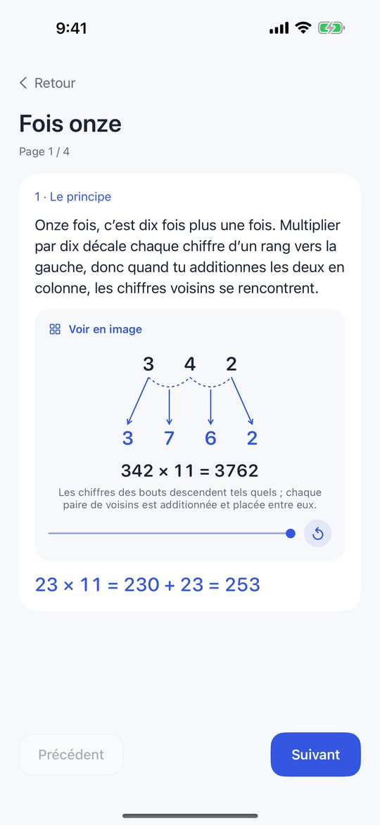 Page de leçon avec le schéma de la multiplication par onze